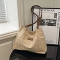 Cream quilted tote bag with brown handles and Creative Cat logo for winter fashion - Khaki Without Pendant