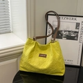 Vibrant green quilted tote bag with Creative Cat patch and brown leather shoulder straps - Yellow Green Without Pendant