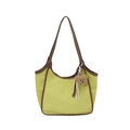 Borsa a secchiello in tela verde lime con finiture in pelle marrone e ciondolo a orsetto - Con Ornamento / Verde-giallo