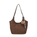 Borsa a secchiello in pelle scamosciata marrone con orsetto e nappina intrecciata - Con Ornamento / Marrone
