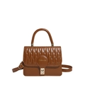 Brown quilted leather handbag with gold metal clasp and adjustable shoulder strap for women - Brown