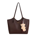 Vintage large dark brown leather tote bag with shoulder strap and cute bear charm pendant - With Ornament / Brown