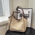 Minimalist beige bucket tote bag with dark brown trim and large capacity for commuting - No Pendant / Khaki