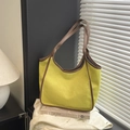 Lime green suede bucket bag with brown PU trim and slender shoulder strap details - No Pendant / Yellow-Green