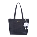 Black woven leather tote bag with sturdy handles and a cute white cloud charm - With Pendant / Black