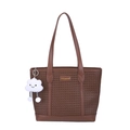 Brown woven tote bag with shoulder straps and white cloud pendant on white background - With Pendant / Brown