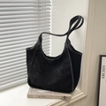 Minimalist large black tote bag in matte suede with smooth leather trim for daily commute - No Pendant / Black