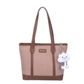 Brown woven texture tote bag with dark leather handles and a cute cloud charm pendant - With Pendant / Khaki