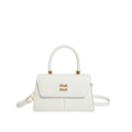 Elegant white leather crossbody handbag with gold logo and top handle on white background - White