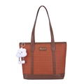 Brown woven leather tote bag with gold logo plaque and white plush cloud charm - With Pendant / Orange