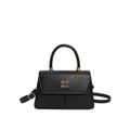 Classic black leather crossbody bag with top handle and gold letter emblem accents - Black