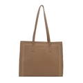 Brown lychee leather tote bag with gold lettering and decorative stitching for women - Khaki