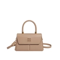 Elegant beige crossbody handbag with top handle and gold logo in minimalist style - Khaki