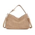 Khaki faux suede tote bag with adjustable crossbody strap and golden zipper hardware - Khaki