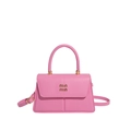 Pink leather trapezoid handbag with gold logo and adjustable shoulder strap for women - Pink