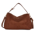Minimalist large capacity dark brown suede shoulder bag with gold hardware and top handle - Brown