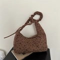 Braune Cord-Hobo-Tasche mit Herzschleifen-Print und gerüschtem Riemen für Damen - Dunkelbraun