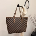French style brown checkered tote bag with leather handles and large capacity design - Brown