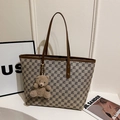 French style tote bag with monogram pattern and brown leather trim including bear charm - Khaki With Pendant