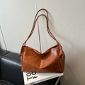 Caramel brown leather tote bag with vintage texture and spacious commuter design - Brown without Pendant