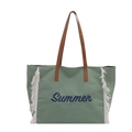 Sac cabas en toile verte avec anses marron, franges blanches et broderie Summer - Vert