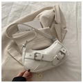 Detail of white leather shoulder bag with silver buckle straps and adjustable strap - White