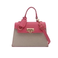 Bolso bandolera de contraste en cuero rosa y lona tejida beige con cierre dorado - Rosa