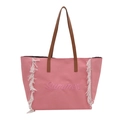Rosa Canvas-Einkaufstasche mit Summer-Stickerei, weißen Fransen und braunen Ledergriffen - Rosa