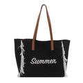 Schwarze Canvas-Tragetasche mit braunen Ledergriffen, Summer-Aufdruck und weißen Quasten - Schwarz