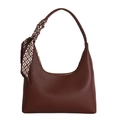 Borsa Hobo in pelle marrone a grana con foulard di seta e cerniera dorata elegante - Marrone