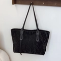 Minimalist black tote bag with unique crinkled texture surface and thin shoulder straps - No Pendant / Black