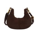 Deep brown suede moon hobo bag with minimalist design and gold hardware on white background - Brown