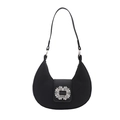 Elegant black pleated hobo shoulder bag featuring a crystal rhinestone buckle detail - Black