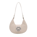 Elegant cream pleated crescent shoulder bag with sparkly rhinestone buckle for women - White