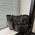 Minimalist dark gray tote bag set with embossed circular logo and matching small pouch - Style B Black