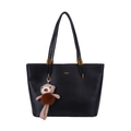 Große schwarze Kunstleder-Tote-Bag mit langen Griffen und braunem Plüschbär-Anhänger - Ohne Anhänger / Schwarz