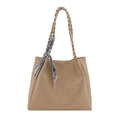 Large beige leopard texture tote bag with woven shoulder strap and decorative silk scarf - Khaki