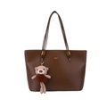 Dunkelbraune Shopper-Tasche aus Kunstleder mit süßem Plüschbär-Anhänger - Ohne Anhänger / Hellbraun