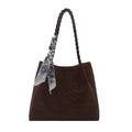 Large leopard print tote bag with woven shoulder strap and decorative silk scarf accessory - Brown