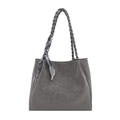 Retro leopard print tote bag in grey faux suede with woven handles and decorative scarf - Gray
