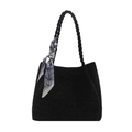 Large black leopard print suede tote bag with woven rope handles and blue silk scarf accent - Black