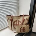 Set borsa tote in tela kaki con manici in pelle marrone e stampa logo circolare - Stile B Cachi