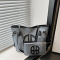 Denim blue tote bag set with black PU trim and letter print design for women - Style B Blue and Black