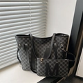 Large capacity monogram tote bag and pouch set with black leather trim and M print - M-Style Black