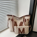 Beige tote bag set with brown M-letter print and faux leather shoulder straps - Style M Off-White
