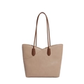 Minimalist large capacity grained leather tote bag with brown straps on white background - Khaki (No Pendant)