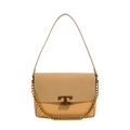 Minimalistische beige en bruine crossbodytas met dubbele T-metalen sluiting en gouden ketting - Khaki