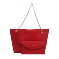 Red large capacity tote bag set with chain strap and matching small zipper pouch - Red