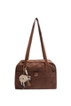 Retro dark brown matte suede tote bag with decorative buckle pocket and fun pompom charm - With Pendant / Brown
