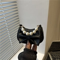 Schicke schwarze Mini-Handtasche mit großer Schleife und elegantem Kunstperlengriff - Schwarz